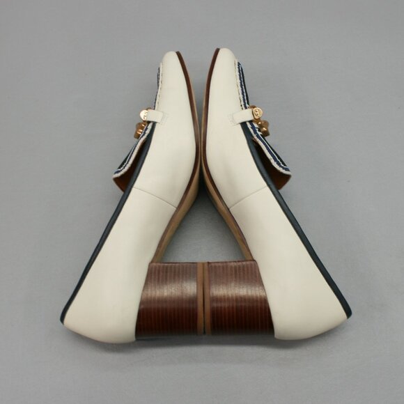 Tory Burch Ladies 9.5 Jessa White Calf Circular Blue Knit Horse Bit Pumps Heels
